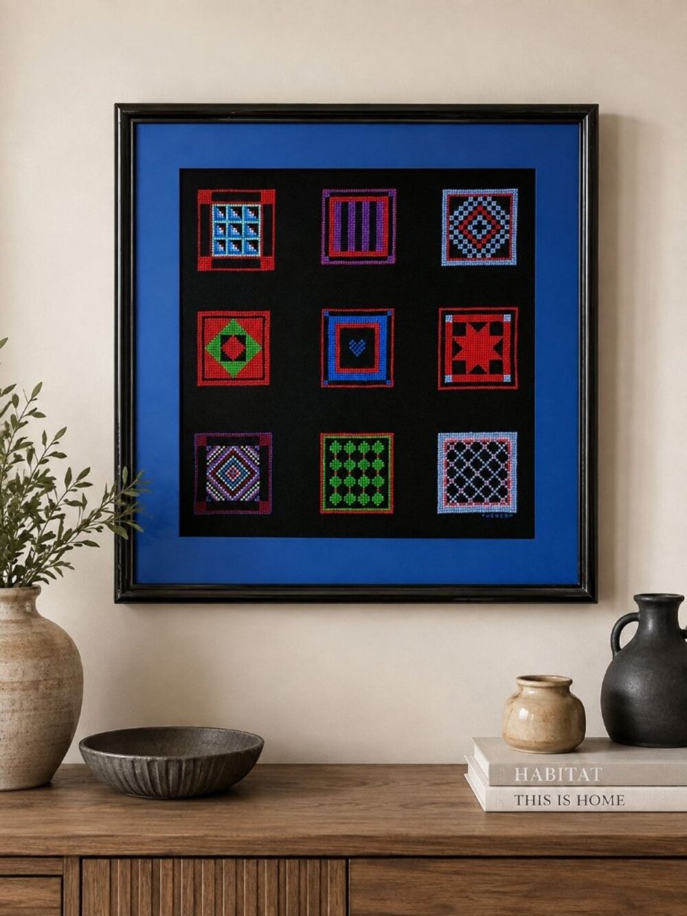 Vintage Handmade Amish Quilt Squares 14" Framed Cross Stitch Black Red Blue